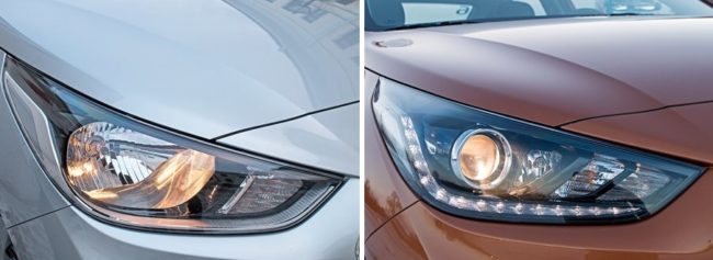 Сравнение рефлекторных и линзовых фар автомобилей Хёндай Солярис 2019 года в разных комплектациях