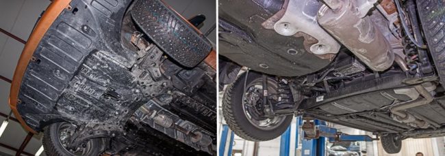 Вид снизу на узлы подвески и трансмиссии автомобиля Хёндай Солярис 2019 модельного года